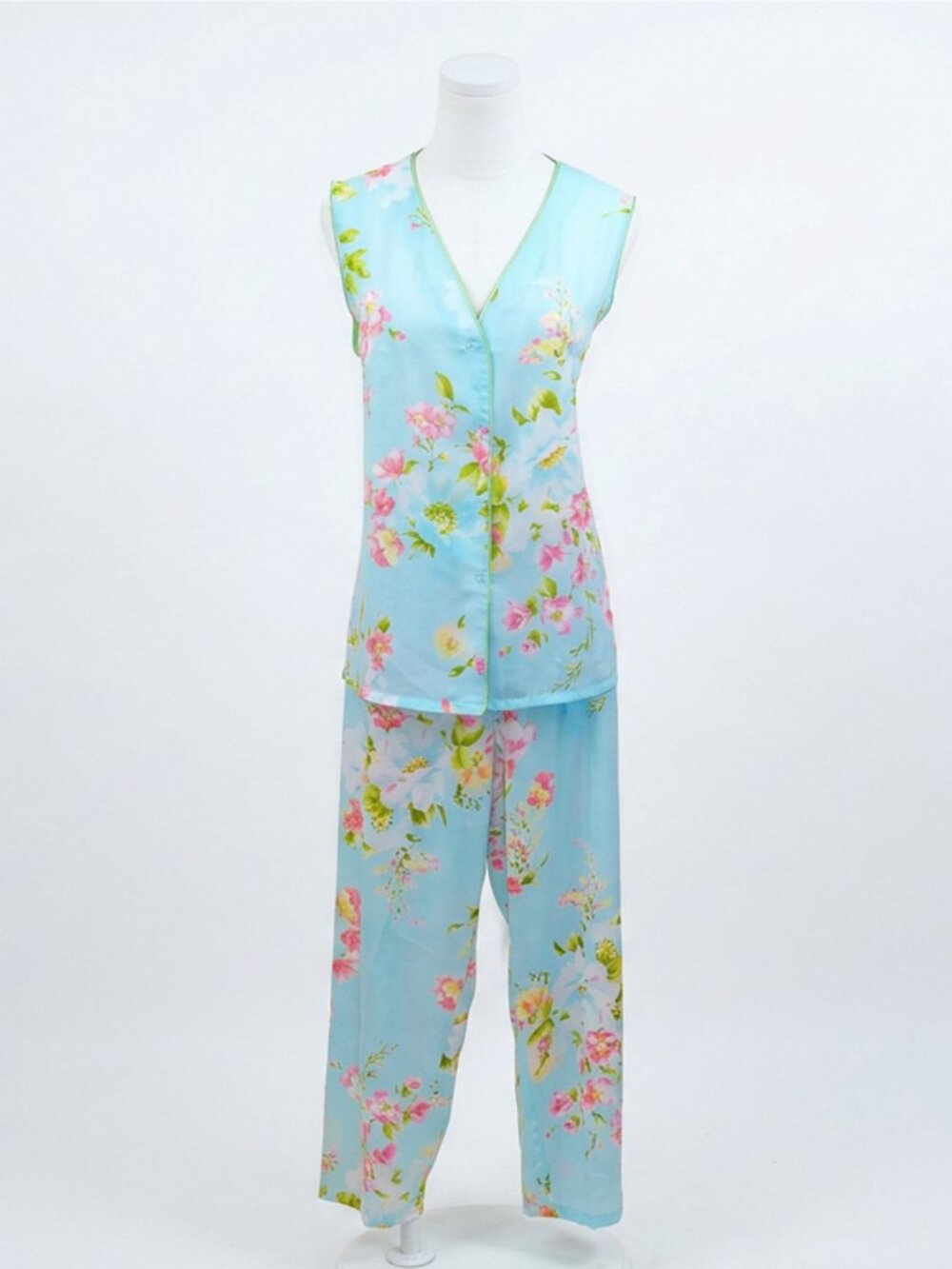 Vintage Oscar de la Renta Pajama Set Blue & Pink Floral 2PC Size‎ M
